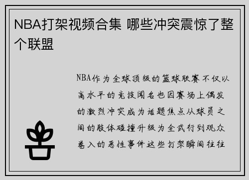NBA打架视频合集 哪些冲突震惊了整个联盟