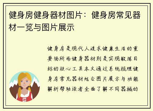健身房健身器材图片：健身房常见器材一览与图片展示